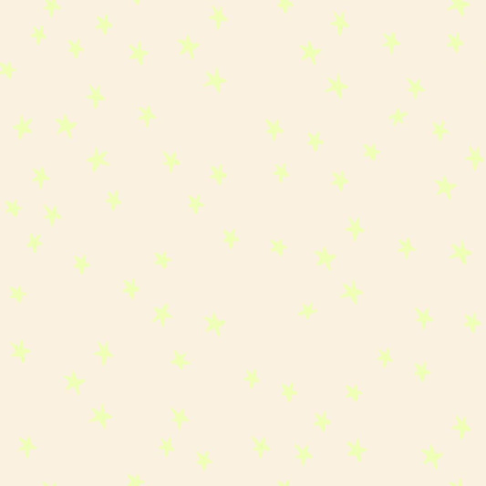Image of Freaky Familiars Starry Basics Neon Yellow quilting cotton fabric by Ruby Star Society for Moda Fabrics. Features stars on a cream background. Cute Little Fabric Shop.