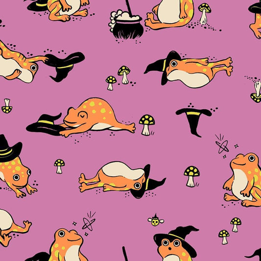 Image of Freaky Familiars Frogmiliars Heliotrope quilting cotton fabric by Ruby Star Society for Moda Fabrics. Features frogs on a purple background. Cute Little Fabric Shop.