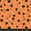 Image of Freaky Familiars Witchy Woman Pumpkin quilting cotton fabric by Ruby Star Society for Moda Fabrics. Features witch accessories on an orange background. Cute Little Fabric Shop.