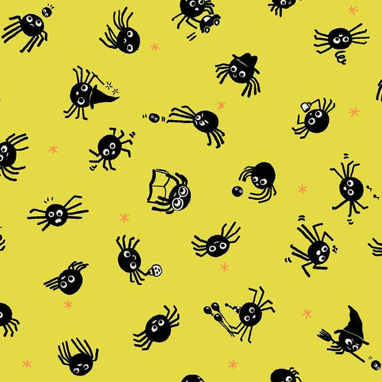 Image of Freaky Familiars Spider Sense Citron quilting cotton fabric by Ruby Star Society for Moda Fabrics. Features spiders on a yellow background. Cute Little Fabric Shop.
