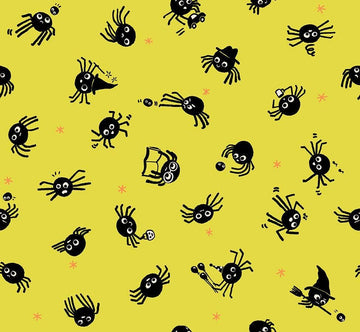 Image of Freaky Familiars Spider Sense Citron quilting cotton fabric by Ruby Star Society for Moda Fabrics. Features spiders on a yellow background. Cute Little Fabric Shop.