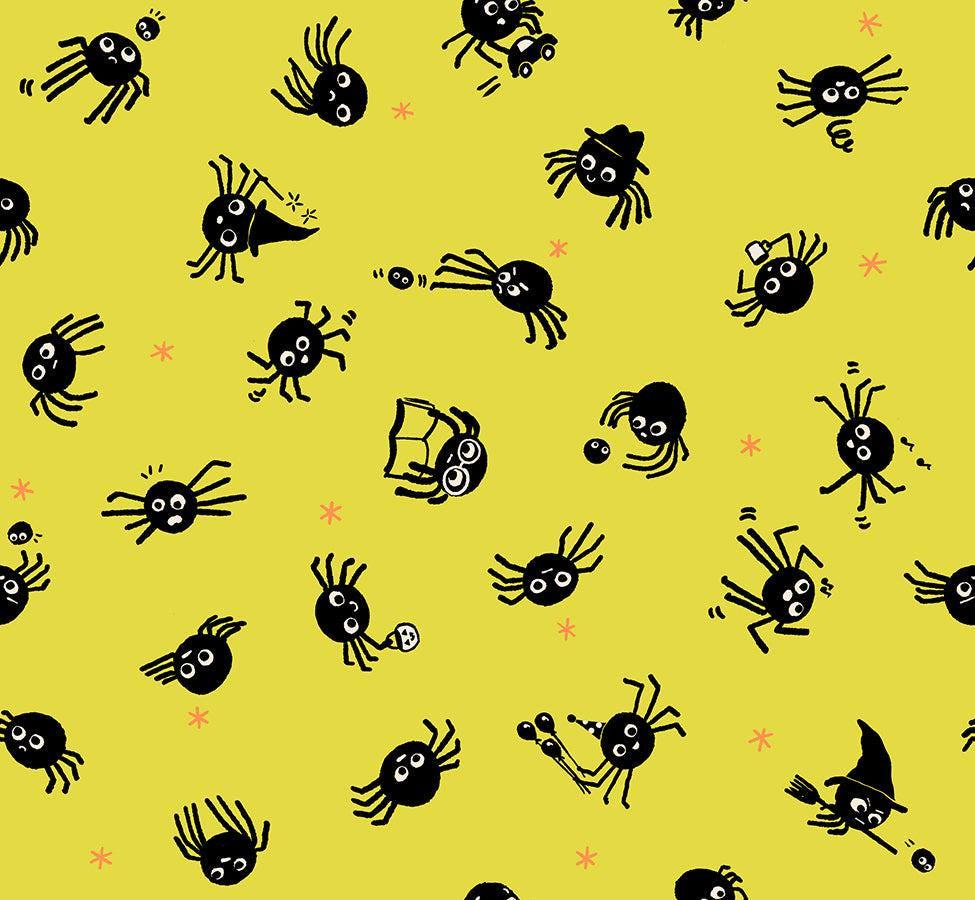 Image of Freaky Familiars Spider Sense Citron quilting cotton fabric by Ruby Star Society for Moda Fabrics. Features spiders on a yellow background. Cute Little Fabric Shop.