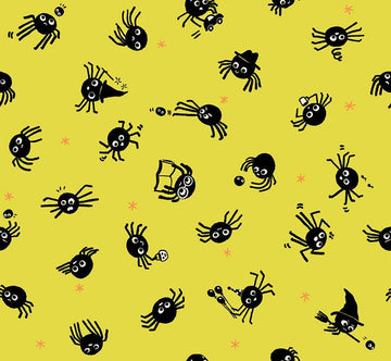 Image of Freaky Familiars Spider Sense Citron quilting cotton fabric by Ruby Star Society for Moda Fabrics. Features spiders on a yellow background. Cute Little Fabric Shop.