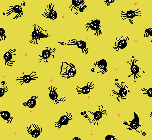 Image of Freaky Familiars Spider Sense Citron quilting cotton fabric by Ruby Star Society for Moda Fabrics. Features spiders on a yellow background. Cute Little Fabric Shop.