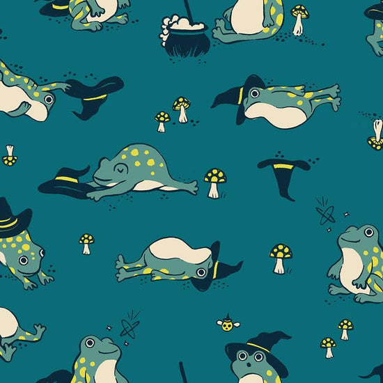 Image of Freaky Familiars Frogmiliars Storytime quilting cotton fabric by Ruby Star Society for Moda Fabrics. Features frogs on a blue background. Cute Little Fabric Shop.