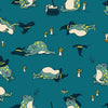 Image of Freaky Familiars Frogmiliars Storytime quilting cotton fabric by Ruby Star Society for Moda Fabrics. Features frogs on a blue background. Cute Little Fabric Shop.