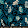 Image of Freaky Familiars Who Cooks For You Galaxy quilting cotton fabric by Ruby Star Society for Moda Fabrics. Features owls on a blue background. Cute Little Fabric Shop.