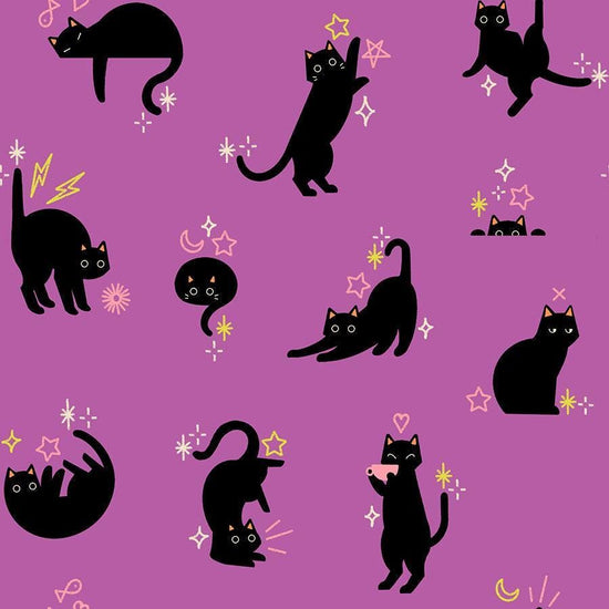 Image of Freaky Familiars Catwalk Witchy quilting cotton fabric by Ruby Star Society for Moda Fabrics. Features cats on a purple background. Cute Little Fabric Shop.