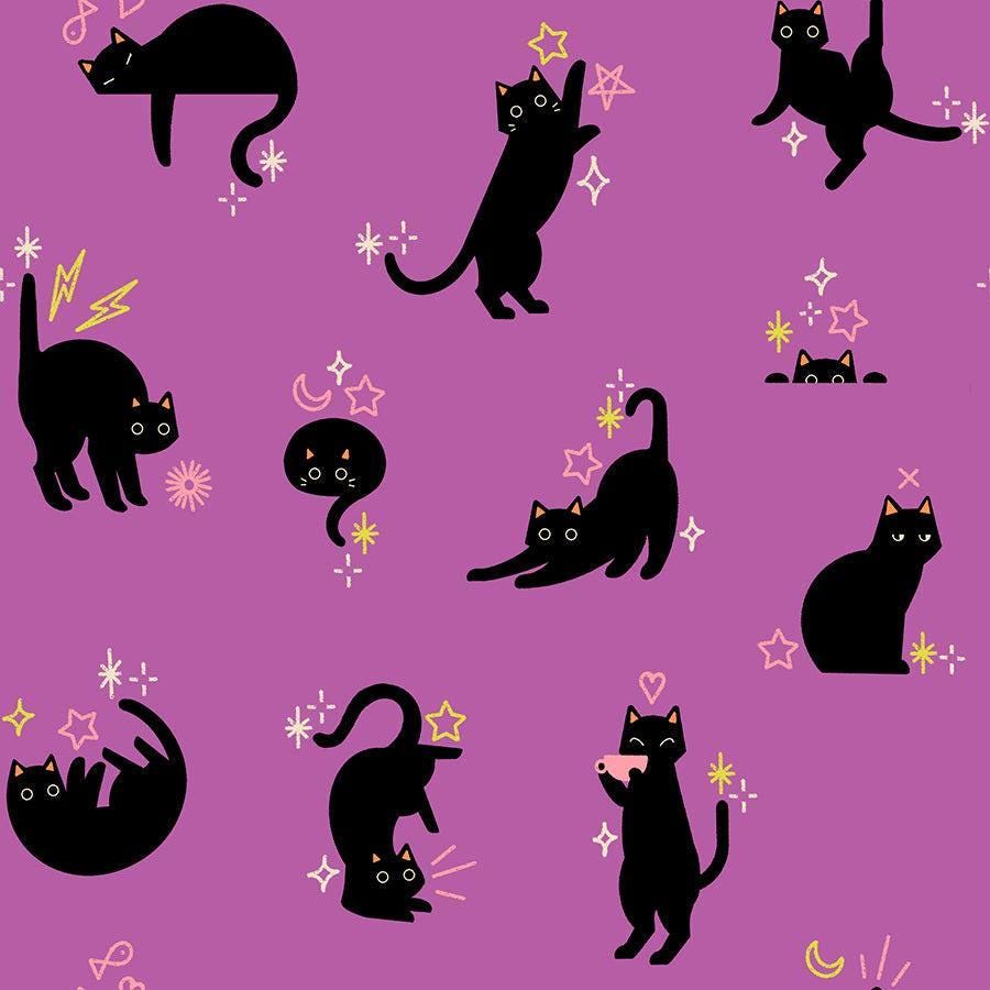 Image of Freaky Familiars Catwalk Witchy quilting cotton fabric by Ruby Star Society for Moda Fabrics. Features cats on a purple background. Cute Little Fabric Shop.