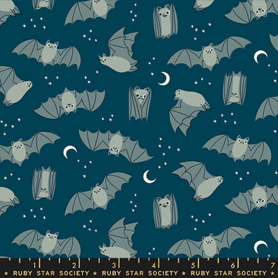 Image of Freaky Familiars Fat Bats Galaxy quilting cotton fabric by Ruby Star Society for Moda Fabrics. Features bats on a blue background. Cute Little Fabric Shop.