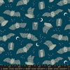Image of Freaky Familiars Fat Bats Galaxy quilting cotton fabric by Ruby Star Society for Moda Fabrics. Features bats on a blue background. Cute Little Fabric Shop.