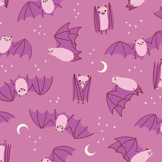 Image of Freaky Familiars Fat Bats Heliotrope quilting cotton fabric by Ruby Star Society for Moda Fabrics. Features bats on a purple background. Cute Little Fabric Shop.
