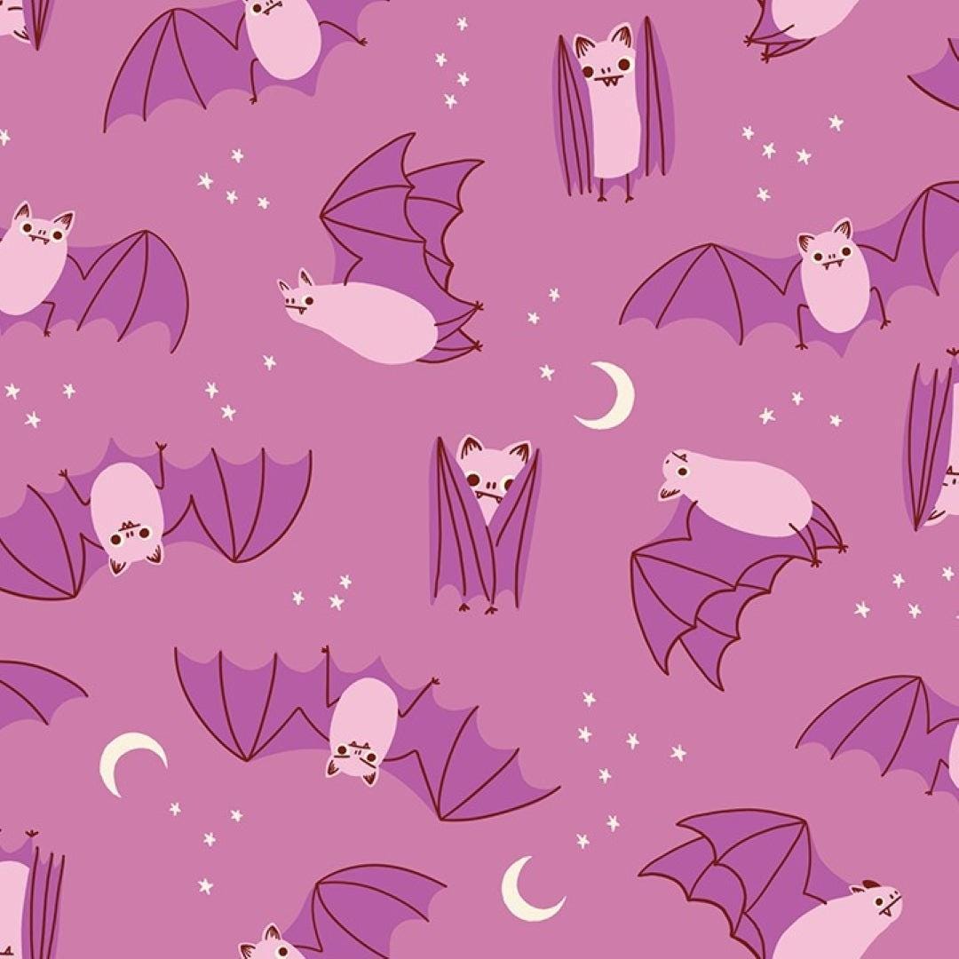 Image of Freaky Familiars Fat Bats Heliotrope quilting cotton fabric by Ruby Star Society for Moda Fabrics. Features bats on a purple background. Cute Little Fabric Shop.