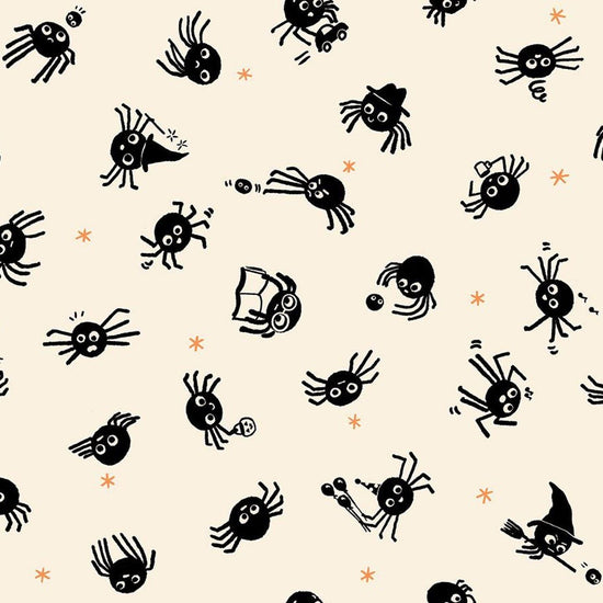 Image of Freaky Familiars Spider Sense Natural quilting cotton fabric by Ruby Star Society for Moda Fabrics. Features spiders on a cream background. Cute Little Fabric Shop.
