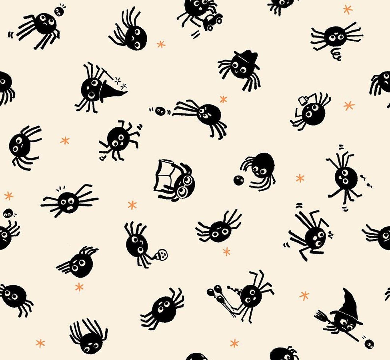 Image of Freaky Familiars Spider Sense Natural quilting cotton fabric by Ruby Star Society for Moda Fabrics. Features spiders on a cream background. Cute Little Fabric Shop.