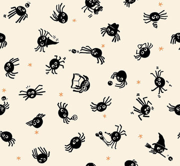Image of Freaky Familiars Spider Sense Natural quilting cotton fabric by Ruby Star Society for Moda Fabrics. Features spiders on a cream background. Cute Little Fabric Shop.
