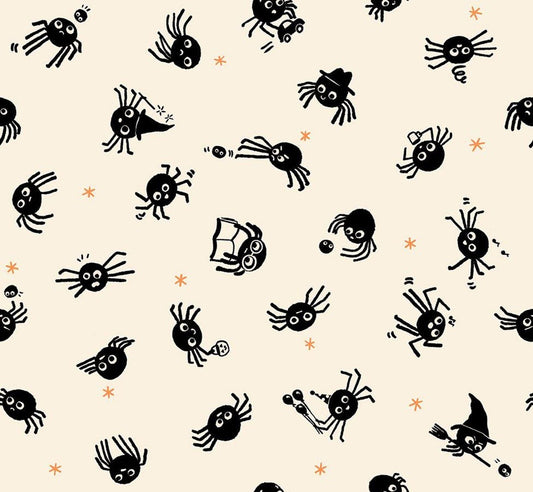 Image of Freaky Familiars Spider Sense Natural quilting cotton fabric by Ruby Star Society for Moda Fabrics. Features spiders on a cream background. Cute Little Fabric Shop.