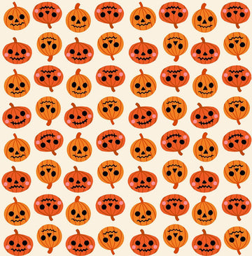 Image of Freaky Familiars Pumpkin Party Orange quilting cotton fabric by Ruby Star Society for Moda Fabrics. Features pumpkins on a cream background. Cute Little Fabric Shop.