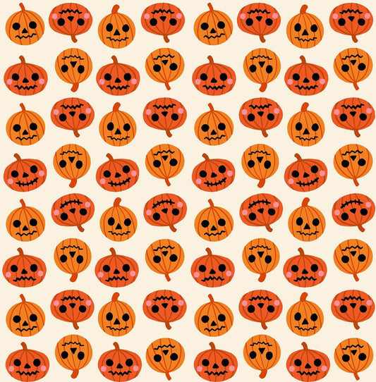 Image of Freaky Familiars Pumpkin Party Orange quilting cotton fabric by Ruby Star Society for Moda Fabrics. Features pumpkins on a cream background. Cute Little Fabric Shop.