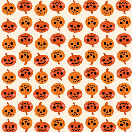 Image of Freaky Familiars Pumpkin Party Orange quilting cotton fabric by Ruby Star Society for Moda Fabrics. Features pumpkins on a cream background. Cute Little Fabric Shop.