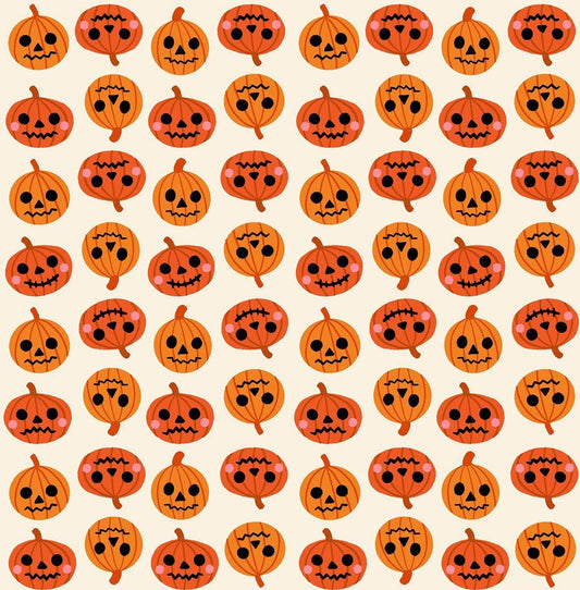 Image of Freaky Familiars Pumpkin Party Orange quilting cotton fabric by Ruby Star Society for Moda Fabrics. Features pumpkins on a cream background. Cute Little Fabric Shop.