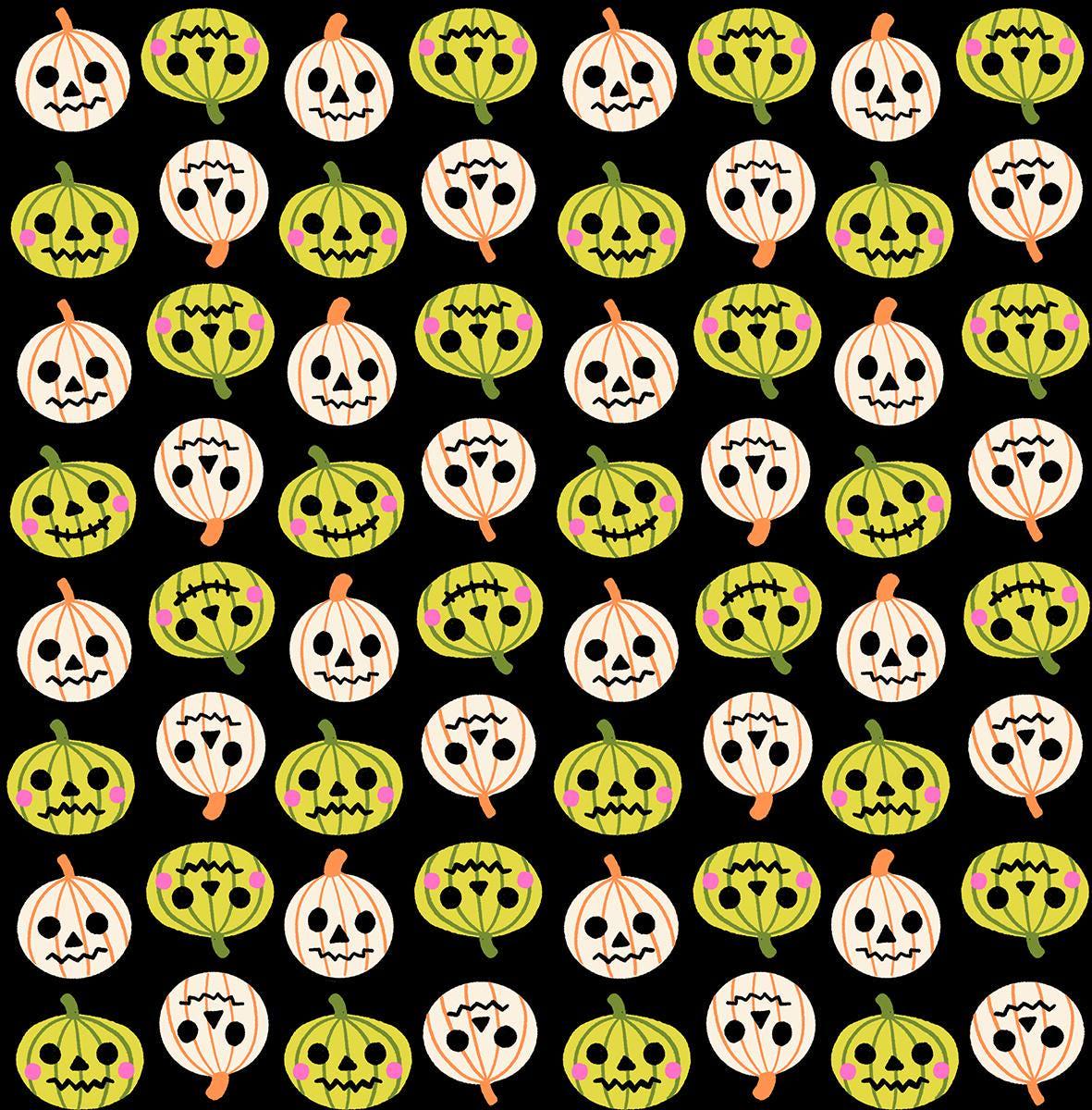 Image of Freaky Familiars Pumpkin Party Black quilting cotton fabric by Ruby Star Society for Moda Fabrics. Features pumpkins on a black background. Cute Little Fabric Shop.
