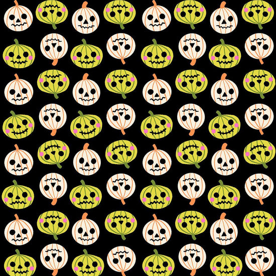 Image of Freaky Familiars Pumpkin Party Black quilting cotton fabric by Ruby Star Society for Moda Fabrics. Features pumpkins on a black background. Cute Little Fabric Shop.
