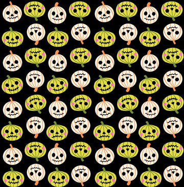 Image of Freaky Familiars Pumpkin Party Black quilting cotton fabric by Ruby Star Society for Moda Fabrics. Features pumpkins on a black background. Cute Little Fabric Shop.