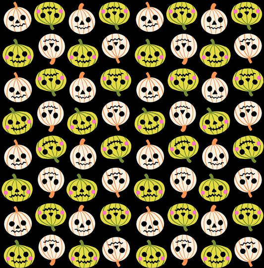 Image of Freaky Familiars Pumpkin Party Black quilting cotton fabric by Ruby Star Society for Moda Fabrics. Features pumpkins on a black background. Cute Little Fabric Shop.