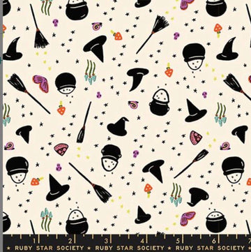 Image of Freaky Familiars Witchy Woman Natural quilting cotton fabric by Ruby Star Society for Moda Fabrics. Features witchy accessories on a cream background. Cute Little Fabric Shop.