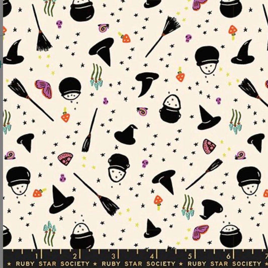 Image of Freaky Familiars Witchy Woman Natural quilting cotton fabric by Ruby Star Society for Moda Fabrics. Features witchy accessories on a cream background. Cute Little Fabric Shop.