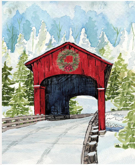 SALE Covered Bridges in Winter Christmas Bridge Panel Blue DIGITALLY Printed Fabric - PD18004 - Riley Blake Quilting Cotton Fabric