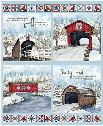 SALE Covered Bridges in Winter Pillow Panel Blue DIGITALLY Printed Fabric - PD18005 - Riley Blake Quilting Cotton Fabric