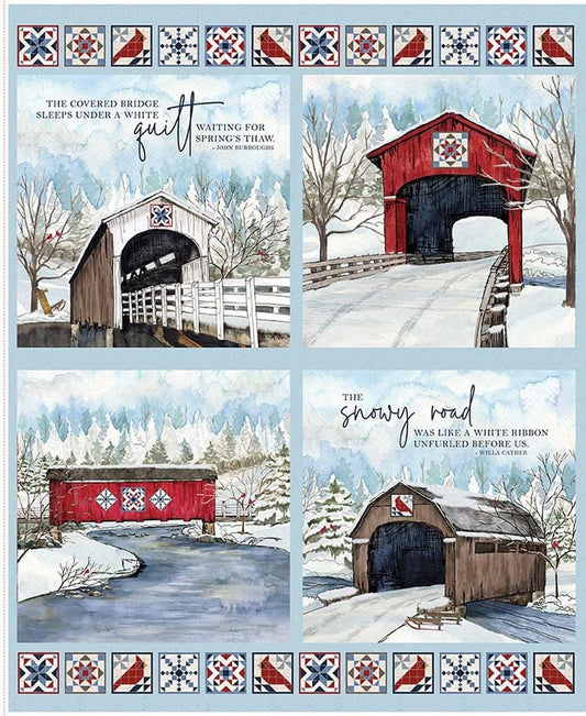 SALE Covered Bridges in Winter Pillow Panel Blue DIGITALLY Printed Fabric - PD18005 - Riley Blake Quilting Cotton Fabric
