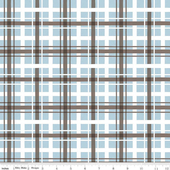 Image of Covered Bridges in Winter Plaid Iceberg quilting cotton fabric by Tara Reed for Riley Blake Designs. Features plaid on a blue background. Cute Little Fabric Shop.