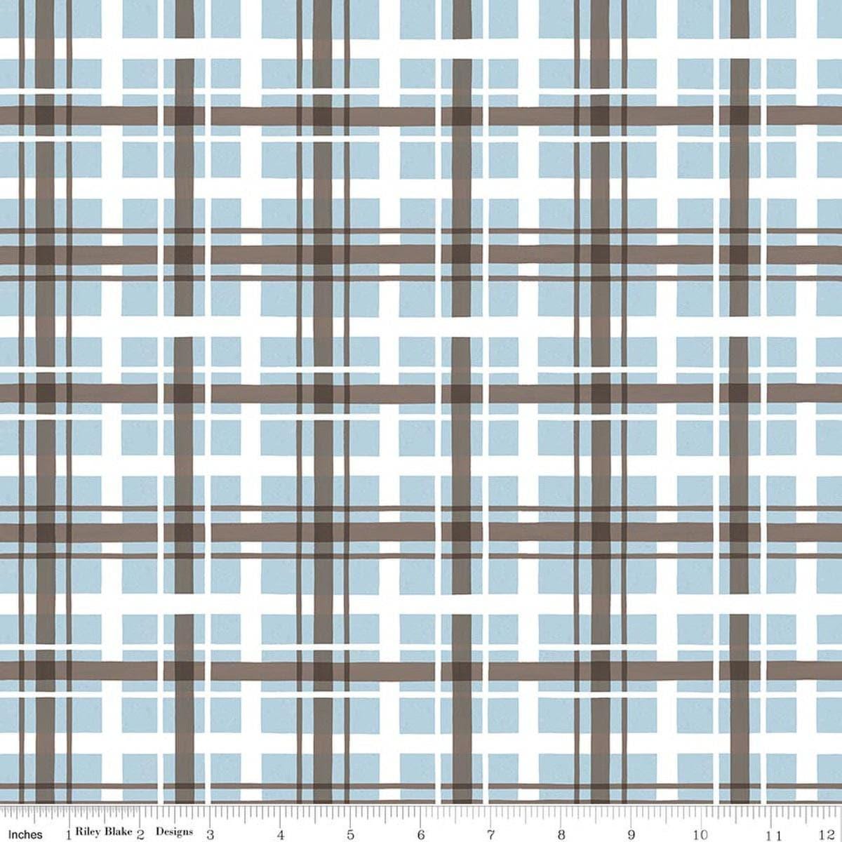 Image of Covered Bridges in Winter Plaid Iceberg quilting cotton fabric by Tara Reed for Riley Blake Designs. Features plaid on a blue background. Cute Little Fabric Shop.
