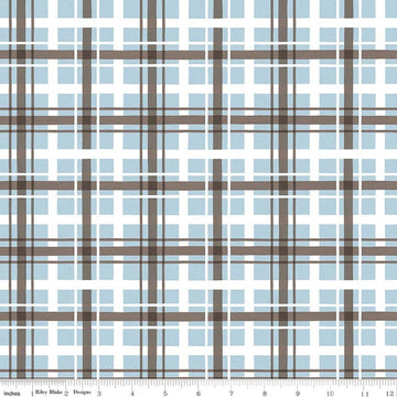 Image of Covered Bridges in Winter Plaid Iceberg quilting cotton fabric by Tara Reed for Riley Blake Designs. Features plaid on a blue background. Cute Little Fabric Shop.