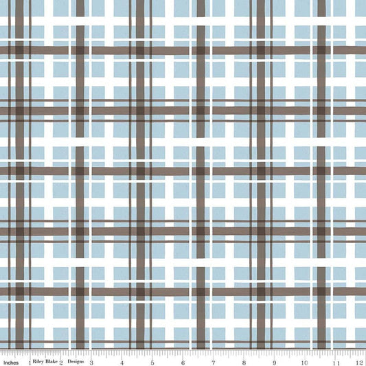 Image of Covered Bridges in Winter Plaid Iceberg quilting cotton fabric by Tara Reed for Riley Blake Designs. Features plaid on a blue background. Cute Little Fabric Shop.