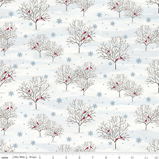 Image of Covered Bridges in Winter Trees Snow quilting cotton fabric by Tara Reed for Riley Blake Designs. Features trees on a white background. Cute Little Fabric Shop.