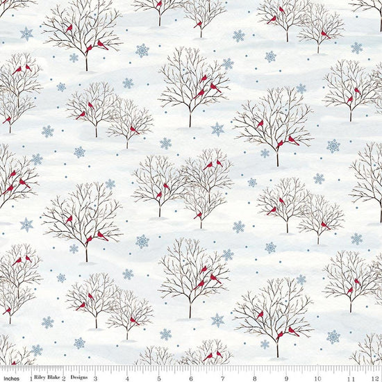 Image of Covered Bridges in Winter Trees Snow quilting cotton fabric by Tara Reed for Riley Blake Designs. Features trees on a white background. Cute Little Fabric Shop.