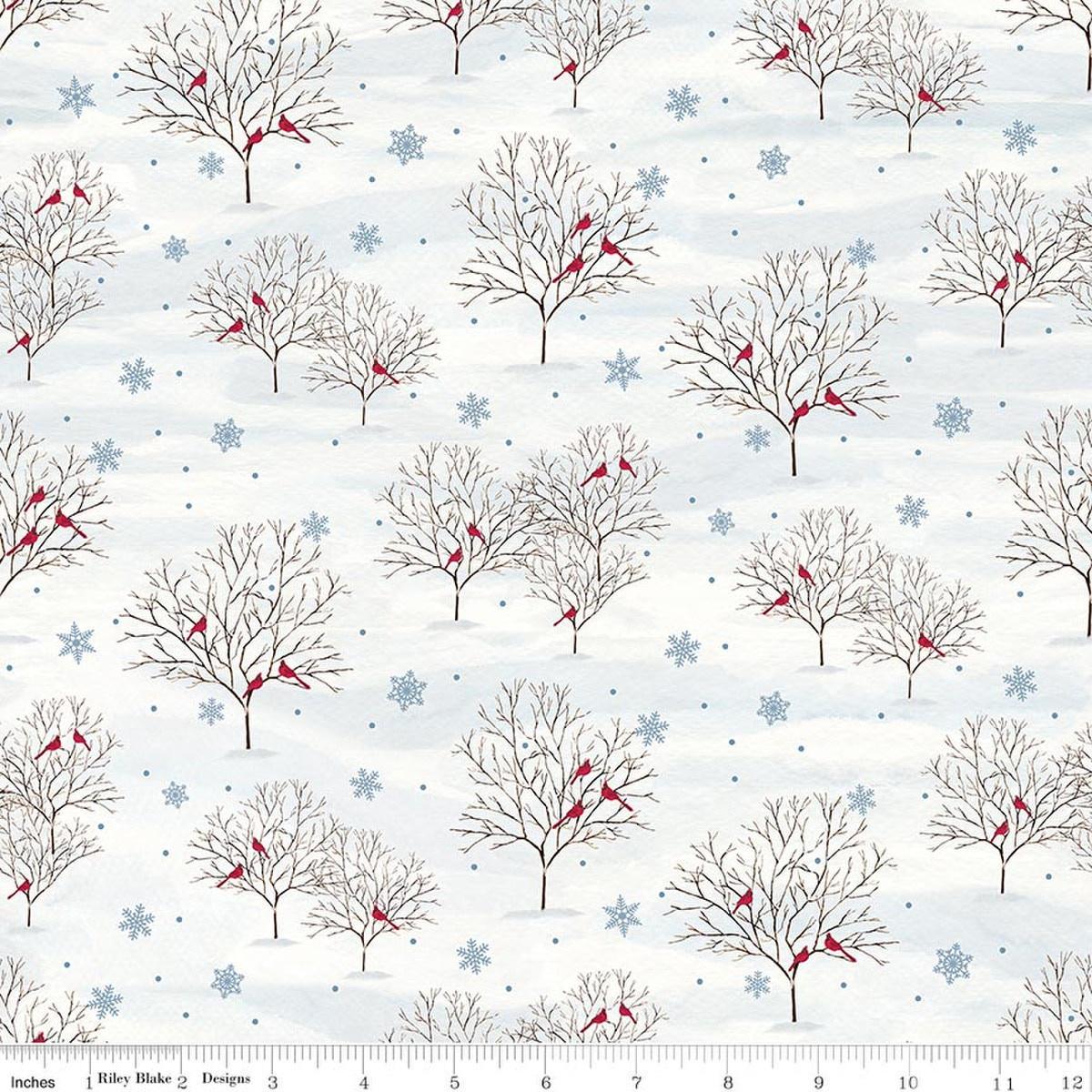 Image of Covered Bridges in Winter Trees Snow quilting cotton fabric by Tara Reed for Riley Blake Designs. Features trees on a white background. Cute Little Fabric Shop.