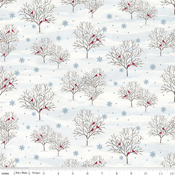 Image of Covered Bridges in Winter Trees Snow quilting cotton fabric by Tara Reed for Riley Blake Designs. Features trees on a white background. Cute Little Fabric Shop.