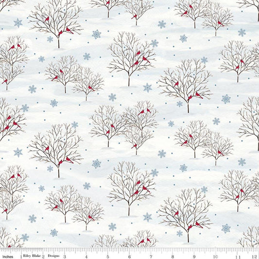 Image of Covered Bridges in Winter Trees Snow quilting cotton fabric by Tara Reed for Riley Blake Designs. Features trees on a white background. Cute Little Fabric Shop.