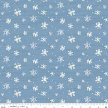 Image of Covered Bridges in Winter Snowflakes Blue quilting cotton fabric by Tara Reed for Riley Blake Designs. Features snowflakes on a blue background. Cute Little Fabric Shop.
