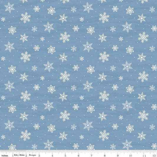Image of Covered Bridges in Winter Snowflakes Blue quilting cotton fabric by Tara Reed for Riley Blake Designs. Features snowflakes on a blue background. Cute Little Fabric Shop.