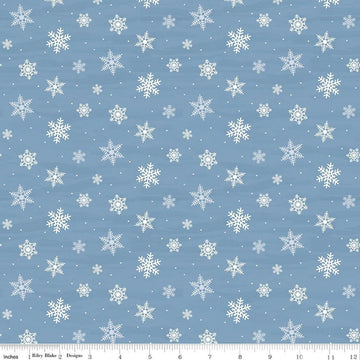 Image of Covered Bridges in Winter Snowflakes Blue quilting cotton fabric by Tara Reed for Riley Blake Designs. Features snowflakes on a blue background. Cute Little Fabric Shop.