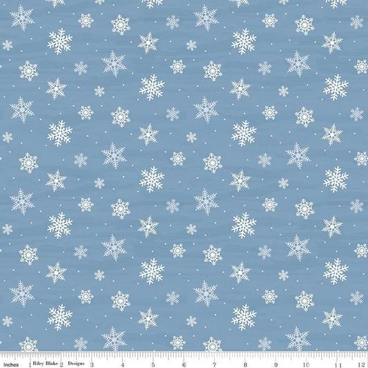 Image of Covered Bridges in Winter Snowflakes Blue quilting cotton fabric by Tara Reed for Riley Blake Designs. Features snowflakes on a blue background. Cute Little Fabric Shop.