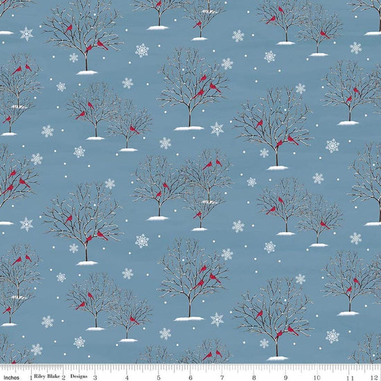 Image of Covered Bridges in Winter Trees Blue quilting cotton fabric by Tara Reed for Riley Blake Designs. Features trees on a blue background. Cute Little Fabric Shop.