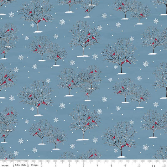 Image of Covered Bridges in Winter Trees Blue quilting cotton fabric by Tara Reed for Riley Blake Designs. Features trees on a blue background. Cute Little Fabric Shop.