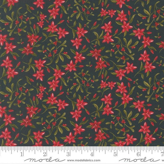 Image of Silent Night Star of Bethlehem Holy Night quilting cotton fabric by Watercolour Heart for Moda Fabrics. Features flowers on a black background. Cute Little Fabric Shop.